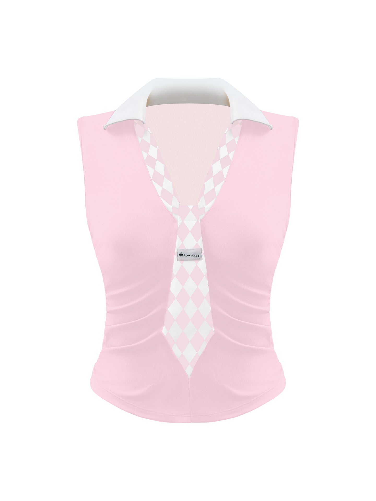 Soft pink slim-fit tennis top with a playful diamond-pattern tie detail, styled for a chic on-court look.