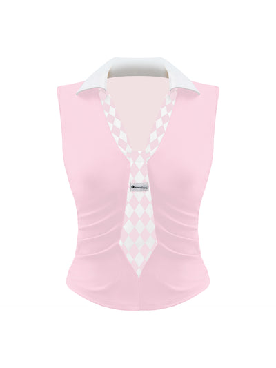 Soft pink slim-fit tennis top with a playful diamond-pattern tie detail, styled for a chic on-court look.