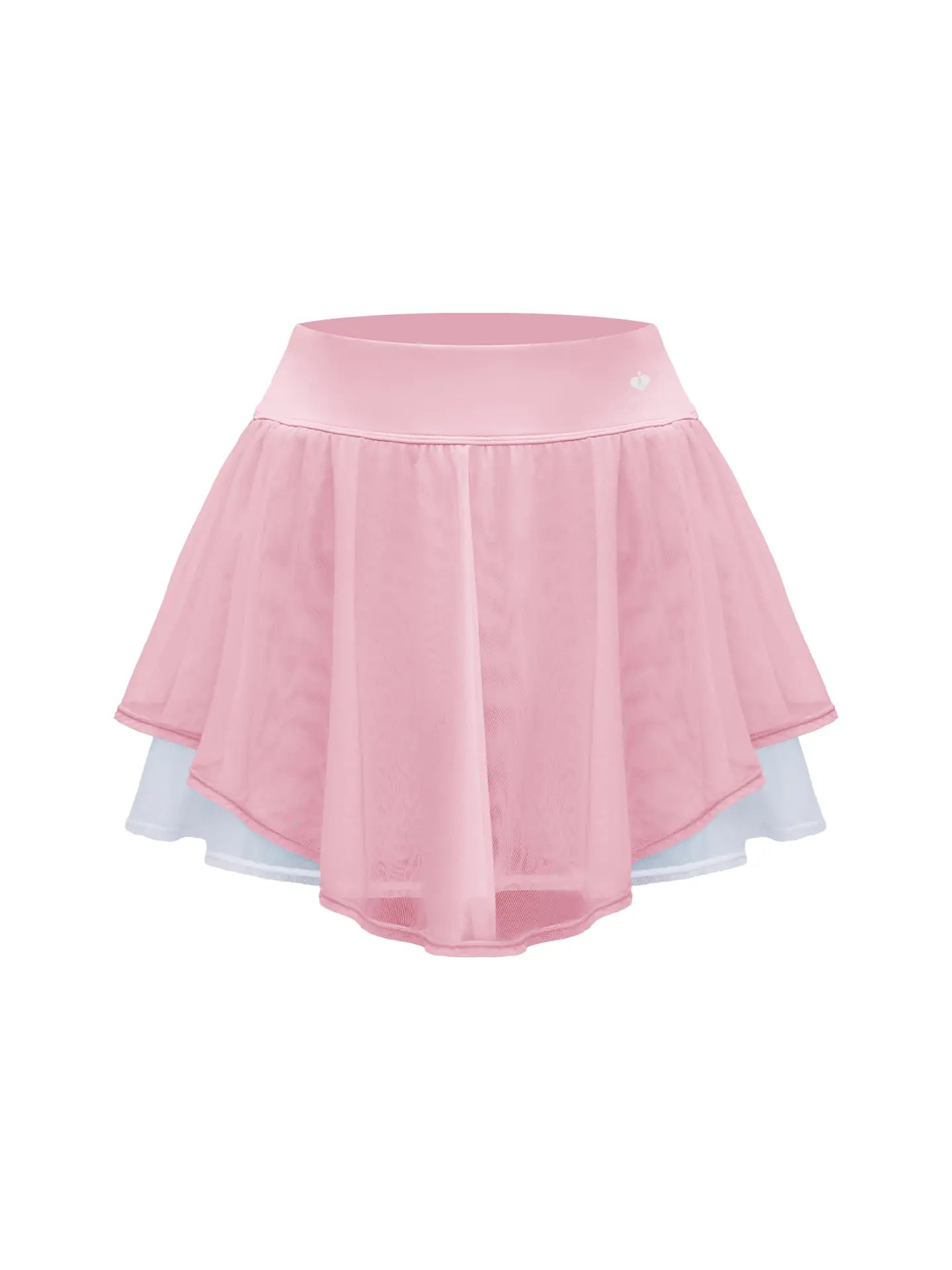 Soft pink layered tennis skirt with chiffon layers and built-in shorts, offering a soft, breathable fit.