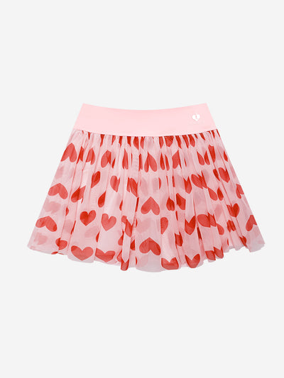 Mesh Tennis Skirt - Pink Heart product image showing the pleated mesh skirt with all-over red heart print and pink waistband