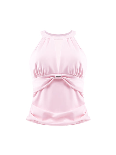 Soft pink mesh halter tennis top with a twist-front detail, offering a flattering fit and lightweight comfort for on-court wear.