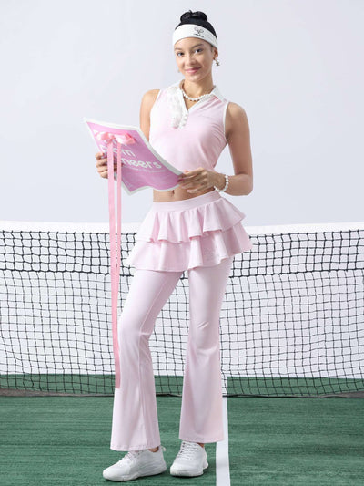 Pink flared tennis leggings with tiered-ruffle skirt, stretchy and breathable, easy movement from court to street.