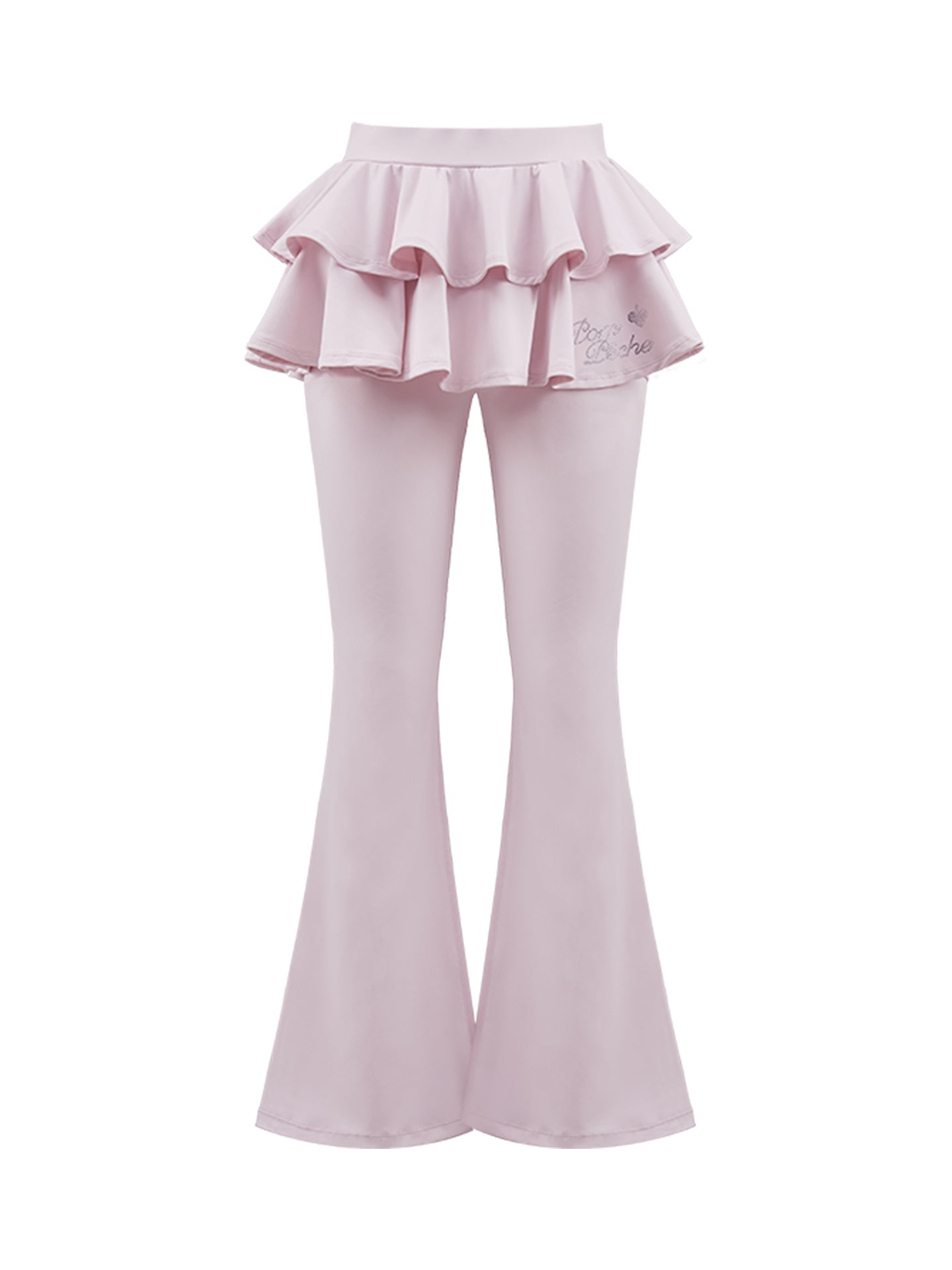 Pink flared tennis leggings with tiered-ruffle skirt, stretchy and breathable, easy movement from court to street.