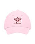 Pink tennis cap with embroidered logo and adjustable ribbon on the back strap.