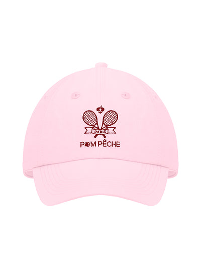 Pink tennis cap with embroidered logo and adjustable ribbon on the back strap.