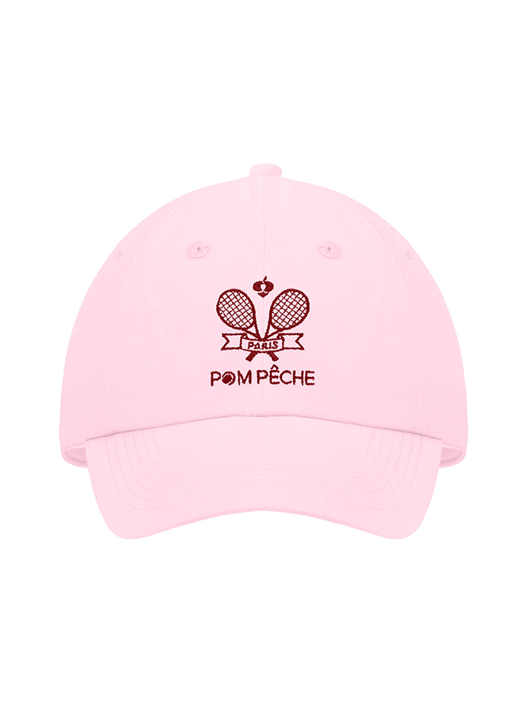 Pink tennis cap with embroidered logo and adjustable ribbon on the back strap.