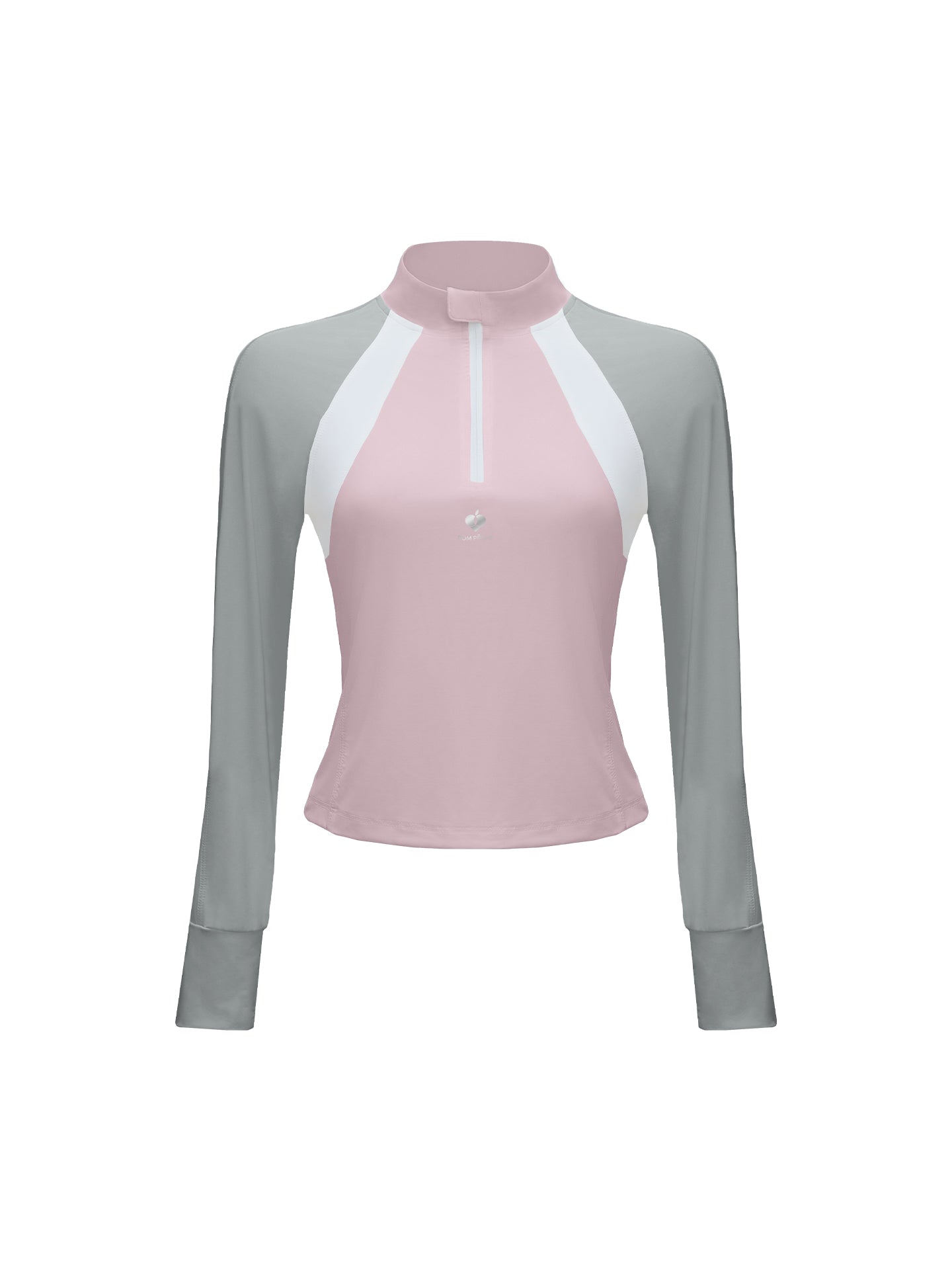 Pink long-sleeve fitted top with a half-zip neckline and subtle logo detail, styled on the tennis court.