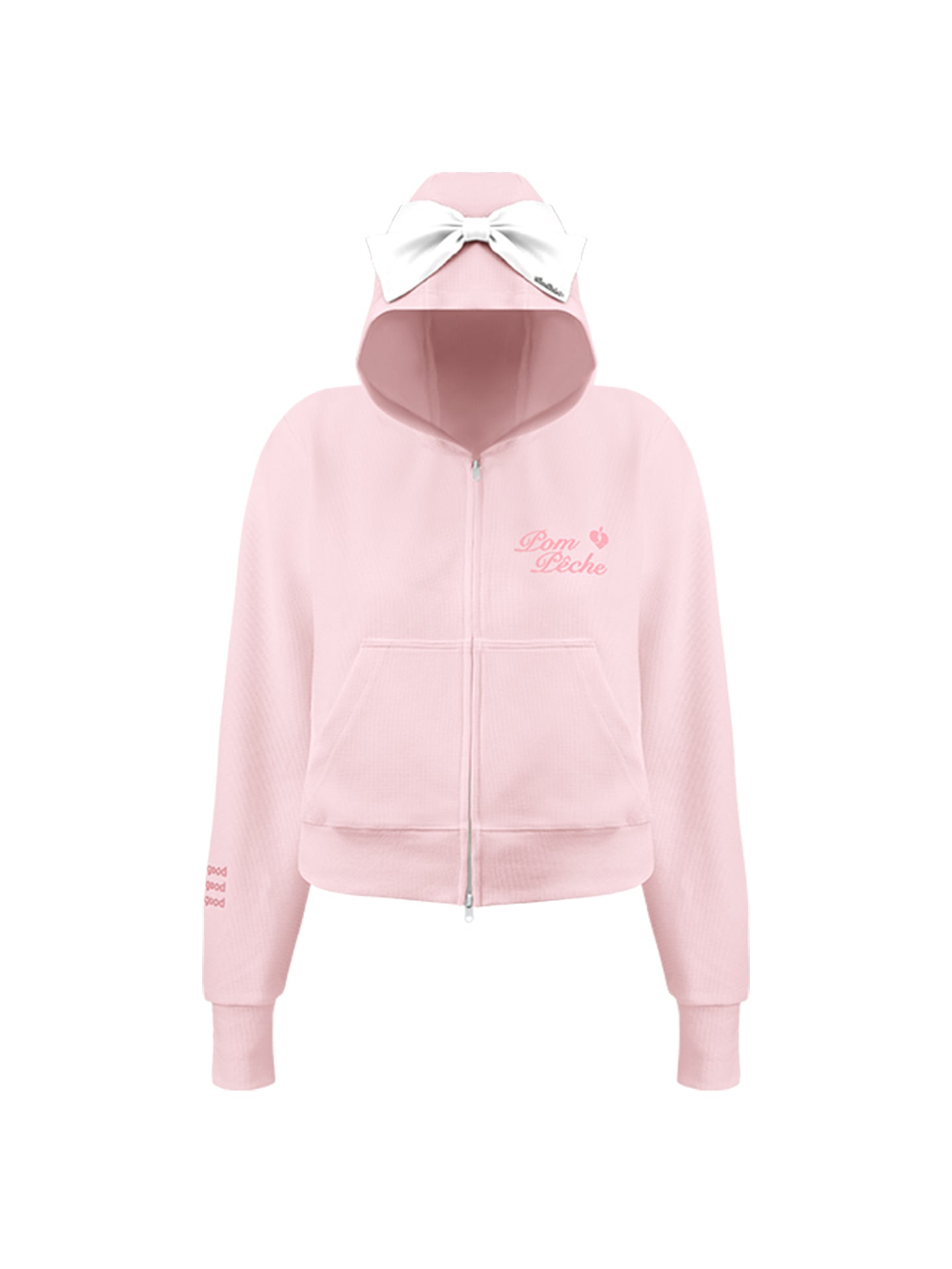 Soft pink zip-up hoodie with bow detail on the hood and embroidered logo, perfect for warm-ups or everyday wear.