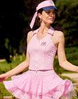 Betty Boop collaboration tennis sleeveless top, model outdoor outfit photos.