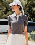 Grey collared knit polo shirt with puff sleeves