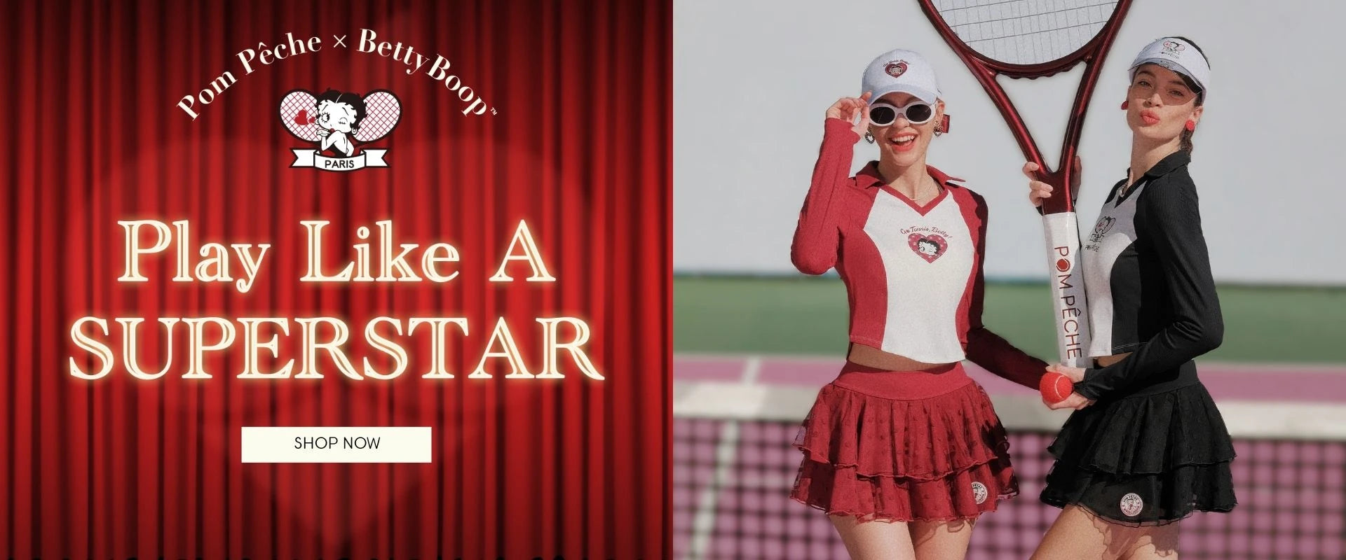 Two women playing tennis with promotional text for Pom Pchee x Betty Boop on a red background.