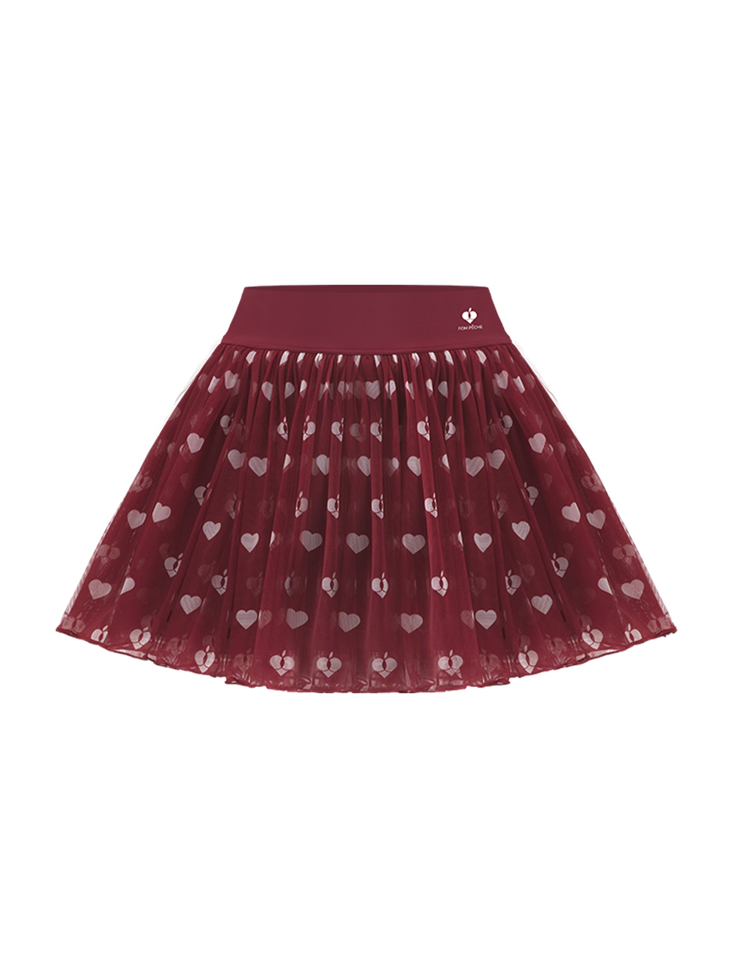 This product shot shows a women’s mesh tennis skirt with a red heart pattern designed for tennis performance