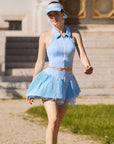 Front scene view blue Waltz layered skirt with asymmetrical pleats and A-line fit