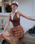 Sleeveless Ruffle Polo Crop Top - Coffee Brown