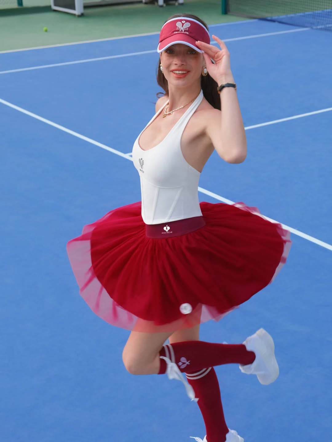 HAZEL Double Layer Mesh Tennis Skirt - Sangria Red