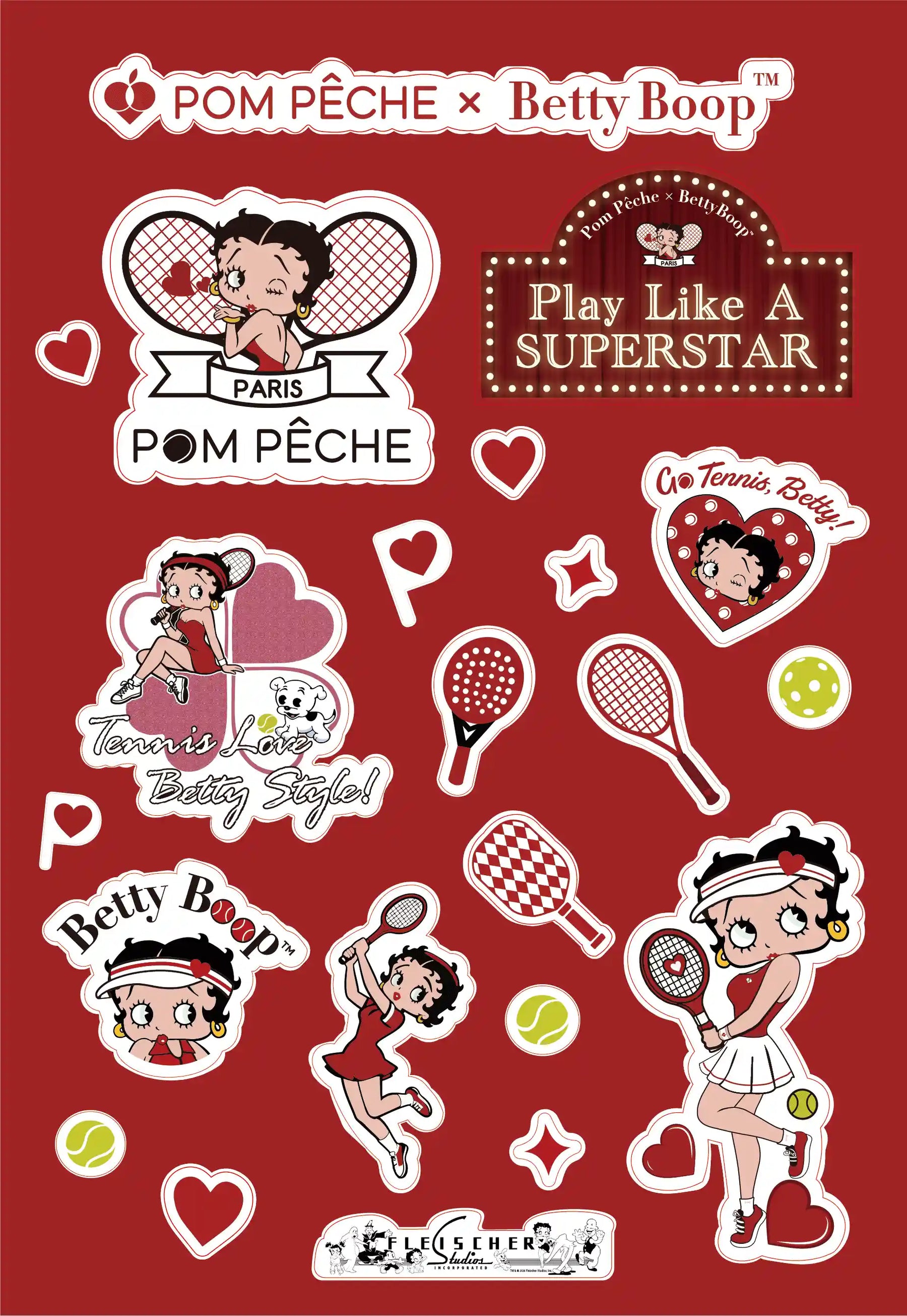 Collaboration between Pom Peche and Betty Boop on a red background with graphics and text.