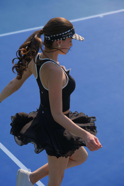 Black High Rise Ruffle Tennis Skirt with pocket