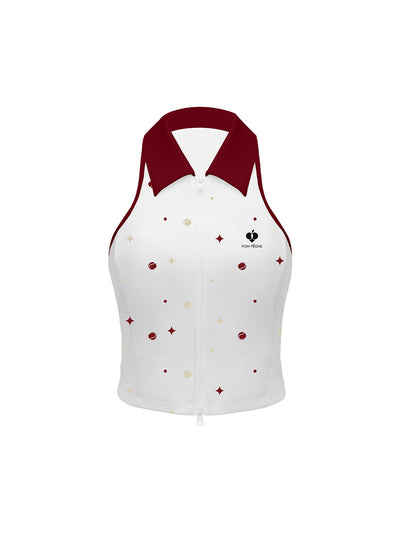 White zip-front tennis tank with red collar and star print, offering a chic, preppy look for court or city wear.
