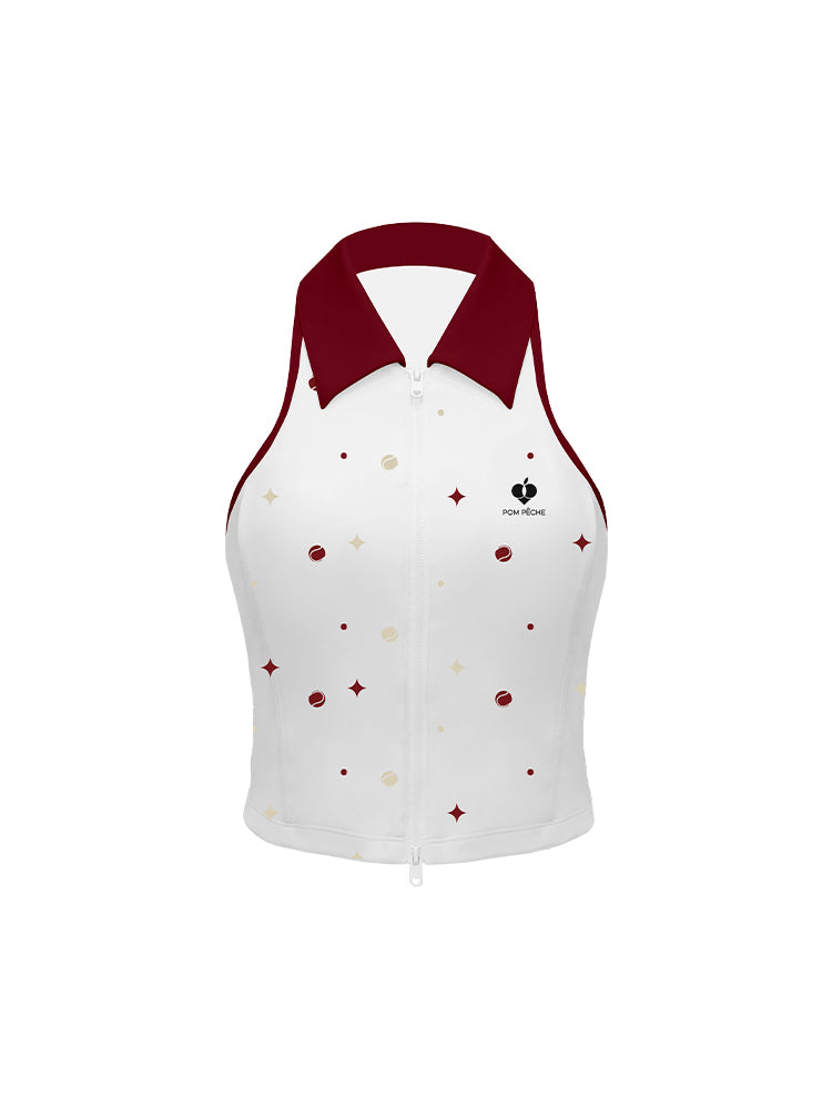 White zip-front tennis tank with red collar and star print, offering a chic, preppy look for court or city wear.