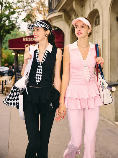 Tie Detail Sleeveless Tennis Polo - Black Argyle