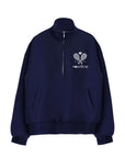 Navy blue half-zip sweatshirt with white logo and text on a white background