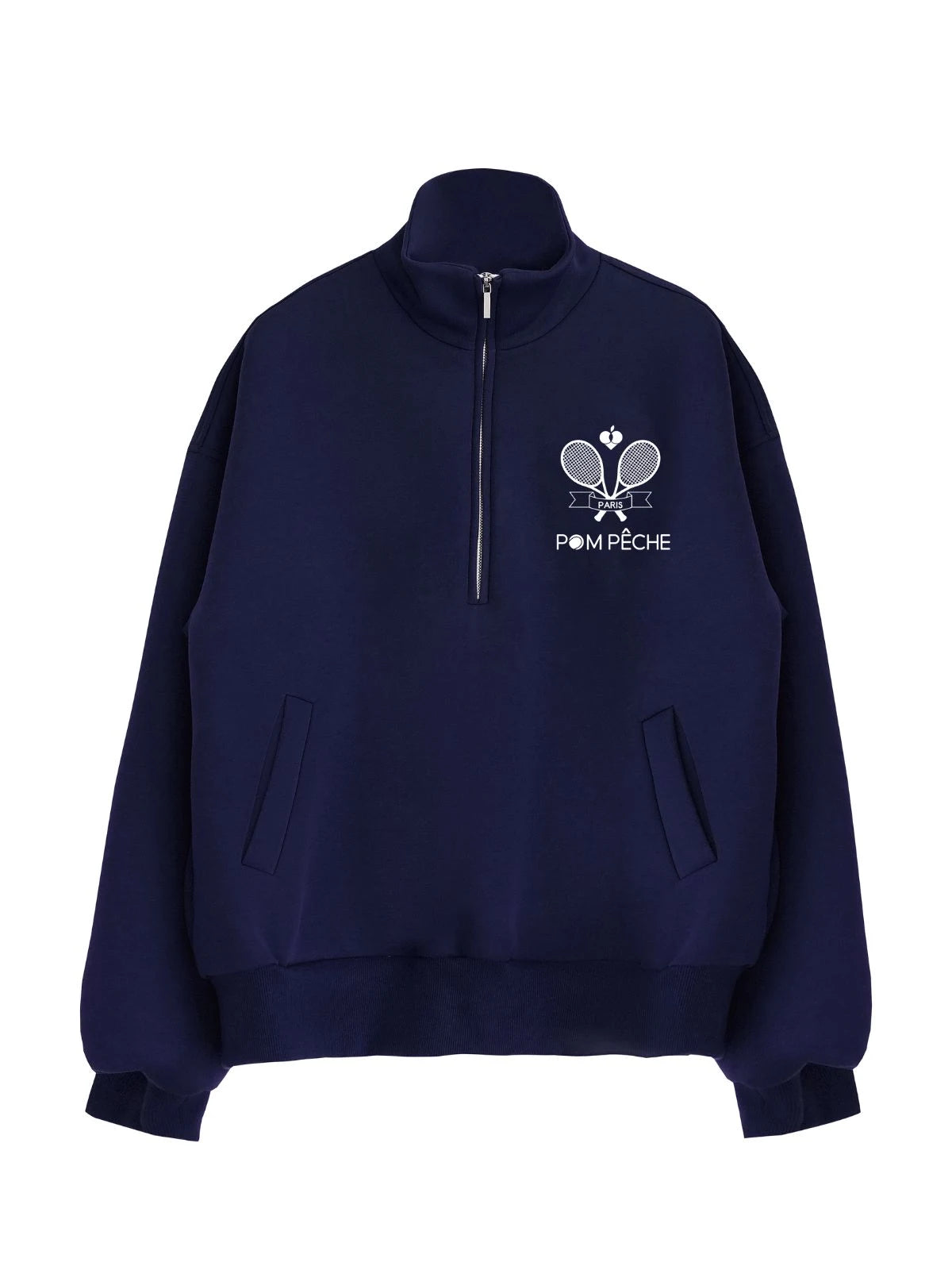 Navy blue half-zip sweatshirt with white logo and text on a white background
