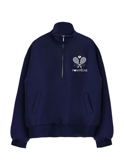 Navy blue half-zip sweatshirt with white logo and text on a white background