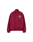 Maroon sweatshirt with a logo on a white background