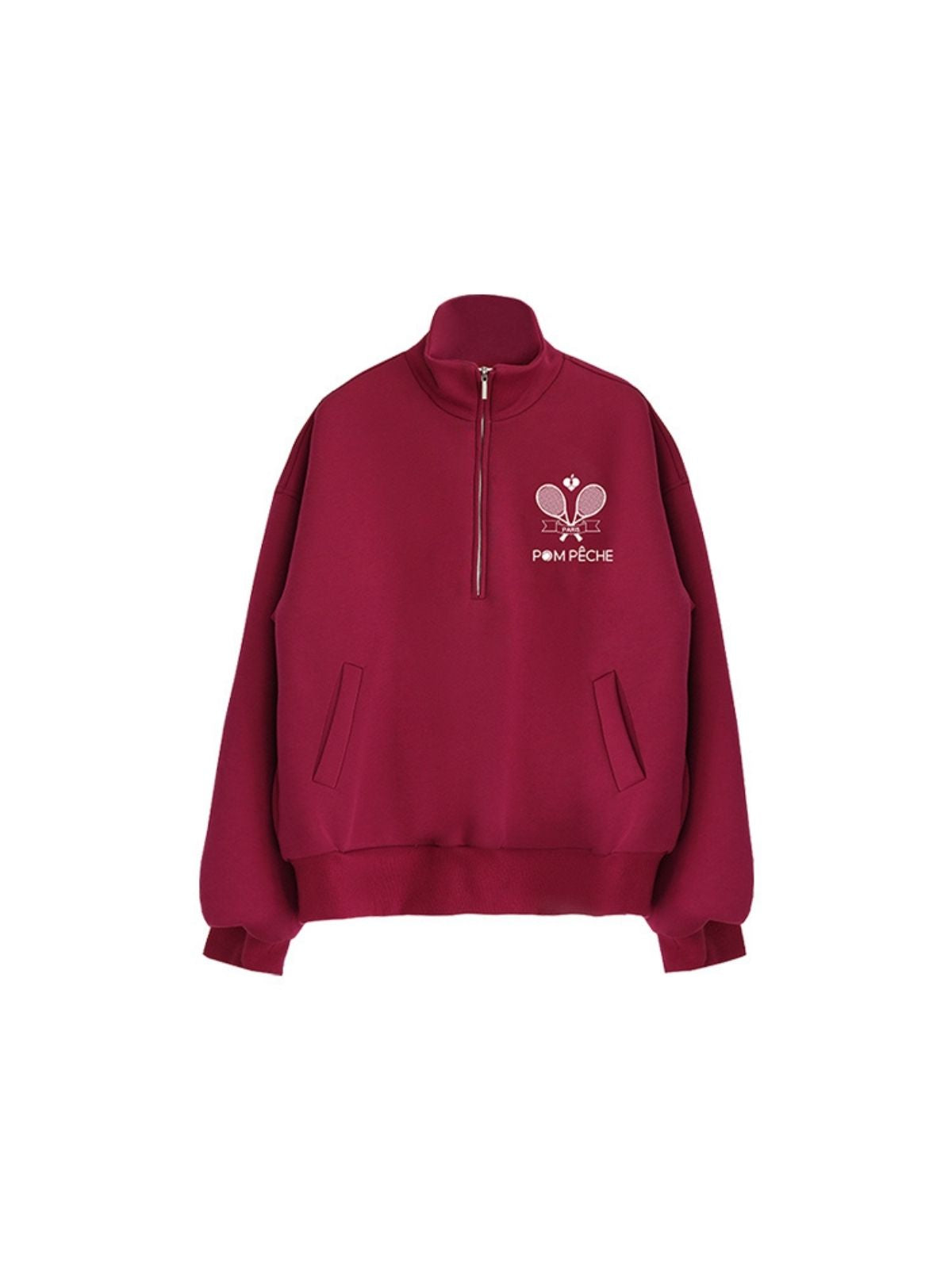 Maroon sweatshirt with a logo on a white background