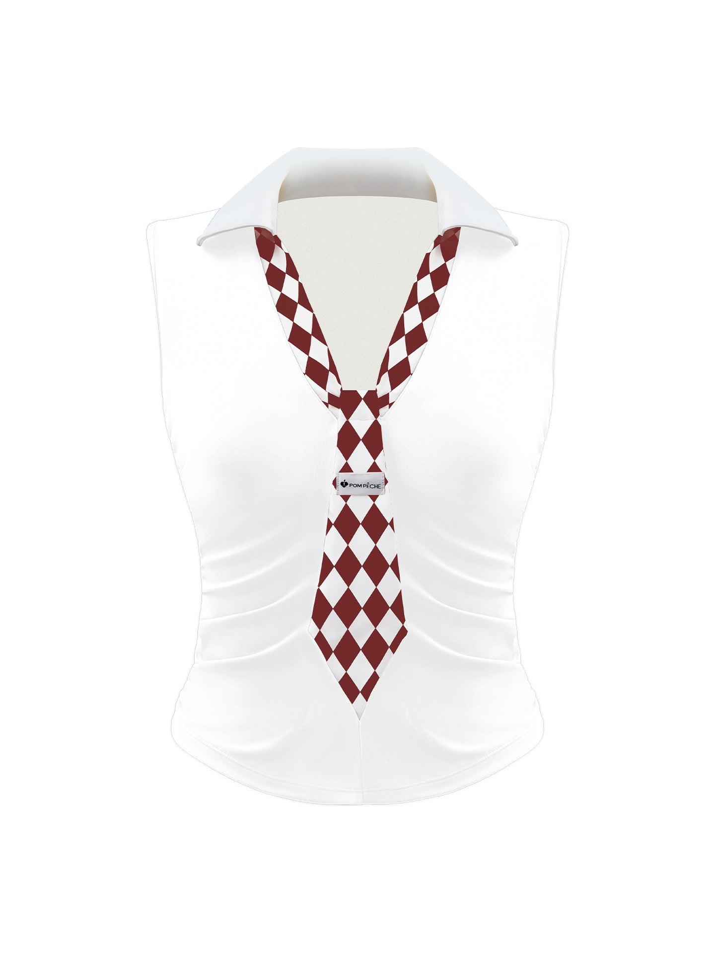 White slim-fit tennis top with a playful red diamond-pattern tie detail, styled for a chic on-court look.