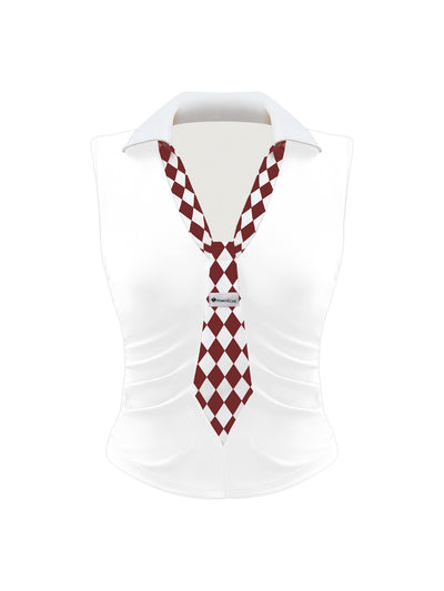 White slim-fit tennis top with a playful red diamond-pattern tie detail, styled for a chic on-court look.