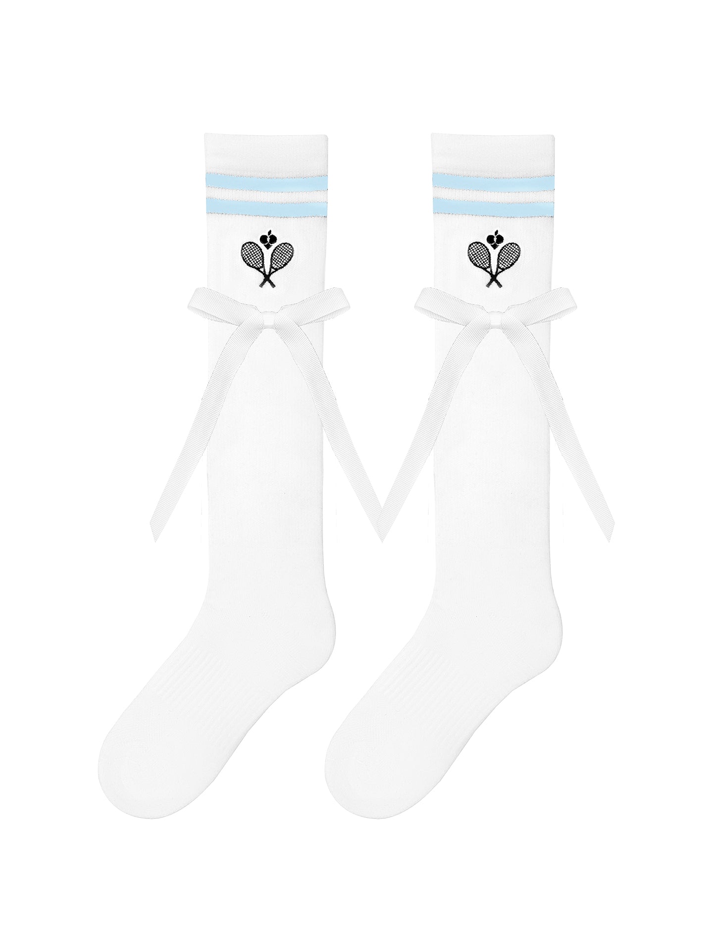 White knee-high tennis socks with sky blue stripes, bow detail, and logo embroidery.