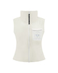 Warm white fleece vest with high-neck zip design and embroidered chest pocket, styled on the tennis court.