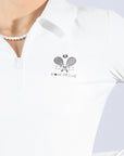 White long-sleeve zip-collar polo top with a subtle printed logo, featuring a fitted silhouette for a sleek, sporty look.