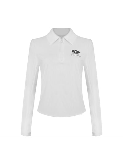 White long-sleeve zip-collar polo top with a subtle printed logo, featuring a fitted silhouette for a sleek, sporty look.