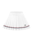 Minimalist shot of white pleated skirt with double stripes, styled with white sneakers and a natural pose
