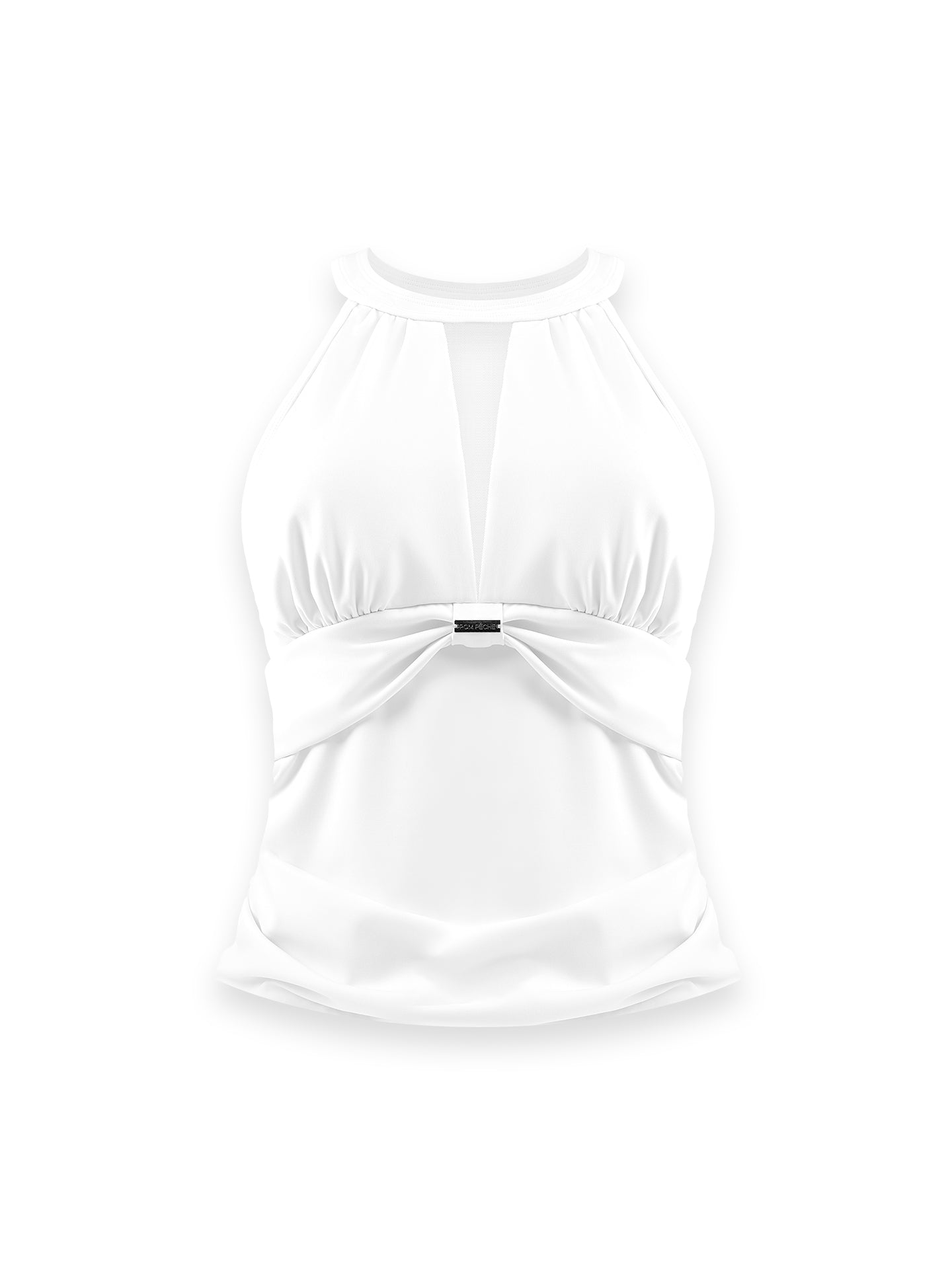 White mesh halter tennis top with a twist-front detail, offering a flattering fit and lightweight comfort for on-court wear.