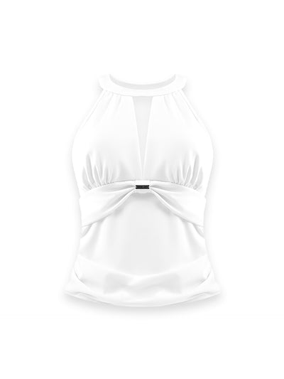 White mesh halter tennis top with a twist-front detail, offering a flattering fit and lightweight comfort for on-court wear.