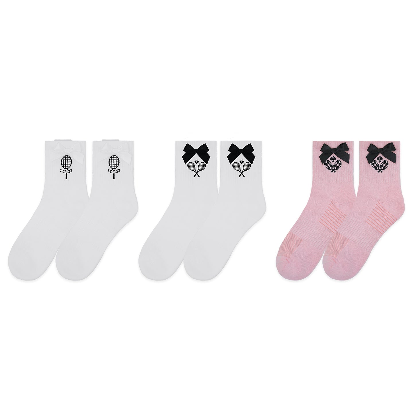 Set of 2 white and 1 pink socks with embroidered logo and bows. 