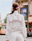 White Poise sun jacket back overlay design detail, breathable lightweight tennis jacket for women