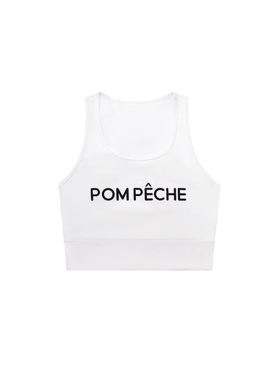 White sports bra with brand logo, designed for comfort and style during active sports.