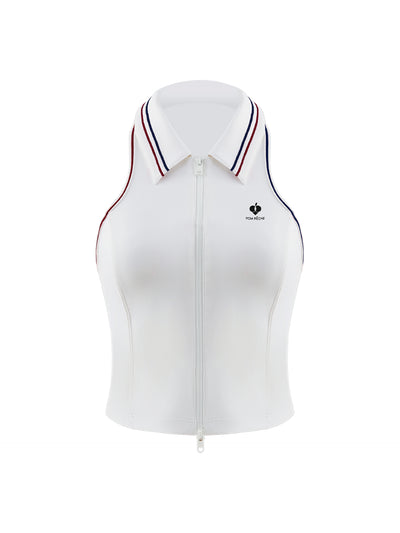 White zip-front tennis tank with red and blue contrast trims, perfect for court or city wear.