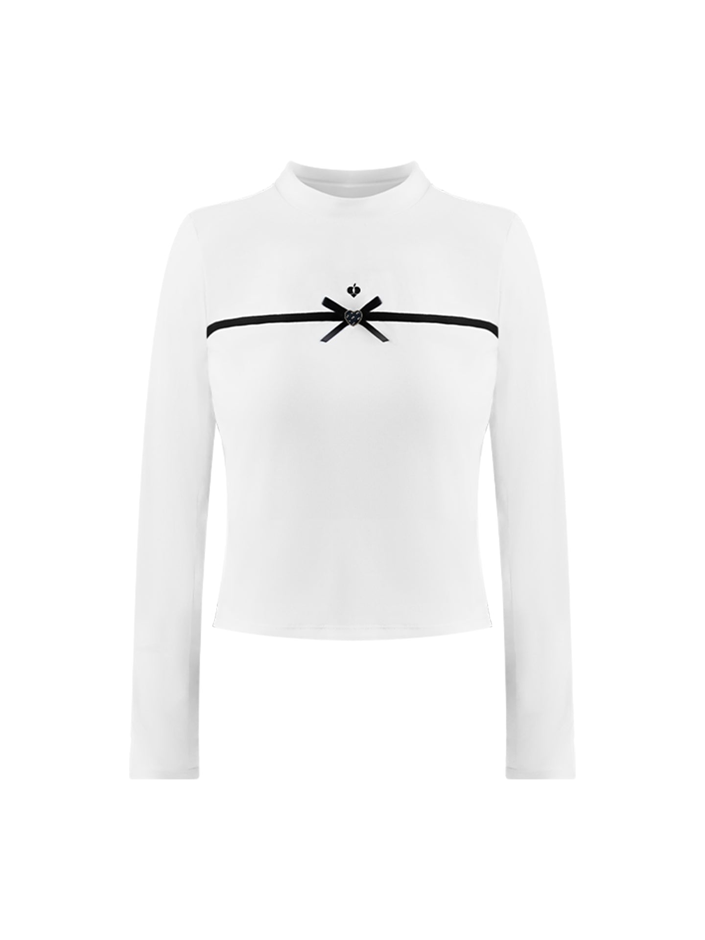 White long-sleeve top with a smooth silhouette and contrast bow detail, styled on the tennis court.