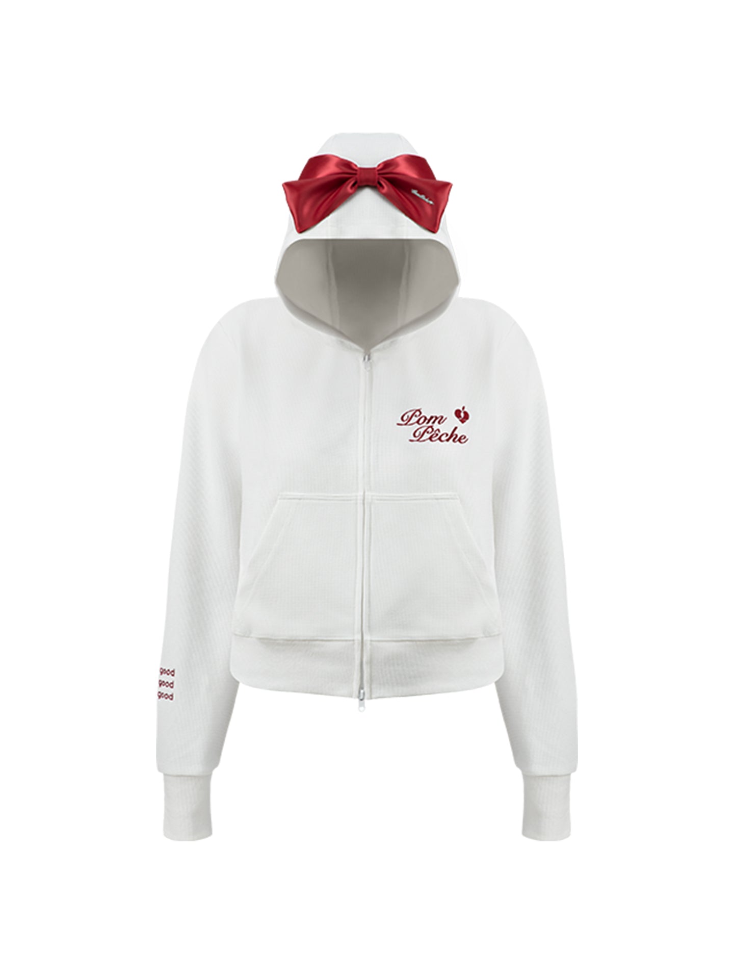 White zip-up hoodie with bow detail on the hood and embroidered logo, perfect for warm-ups or everyday wear.