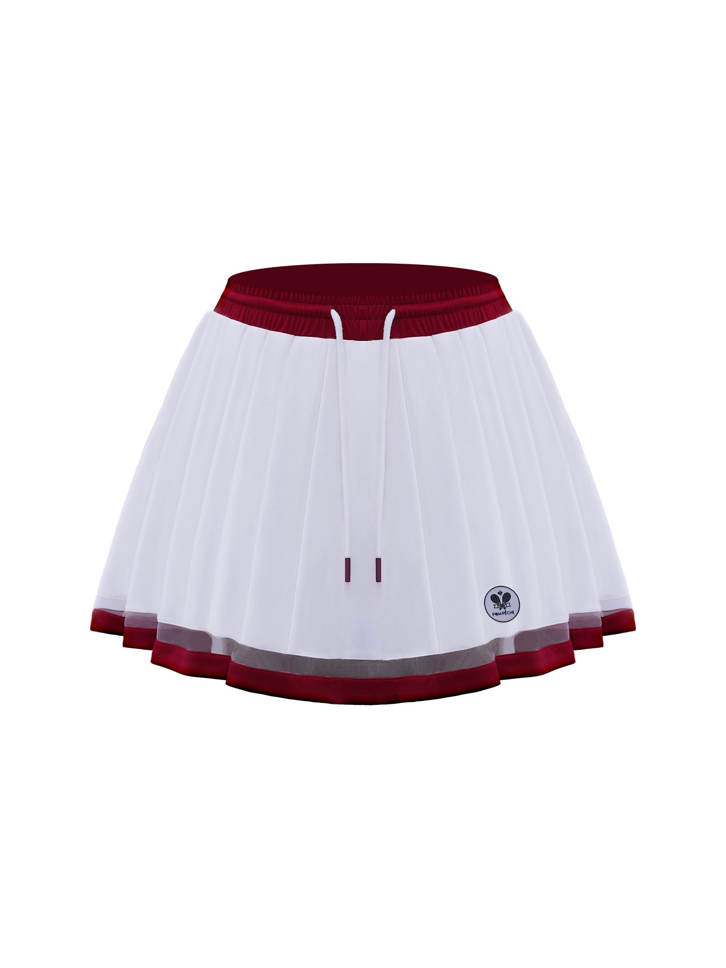 Studio shot of white wavy hem tennis skirt with red waistband and tie detail, highlighting crisp pleats and sporty tennis skirt styling.