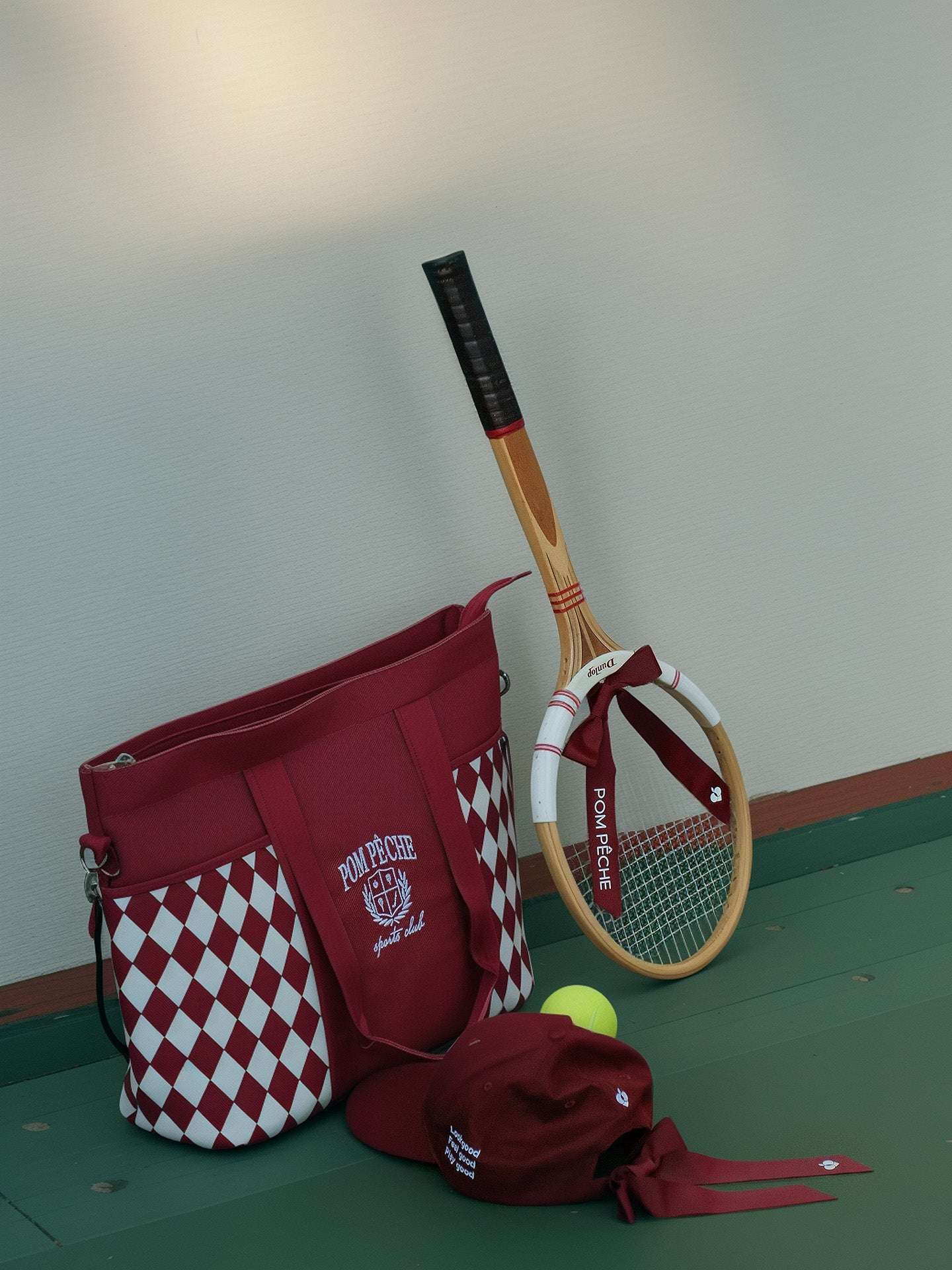 Pom Pêche wine red checkered tennis tote bag with embroidered logo.