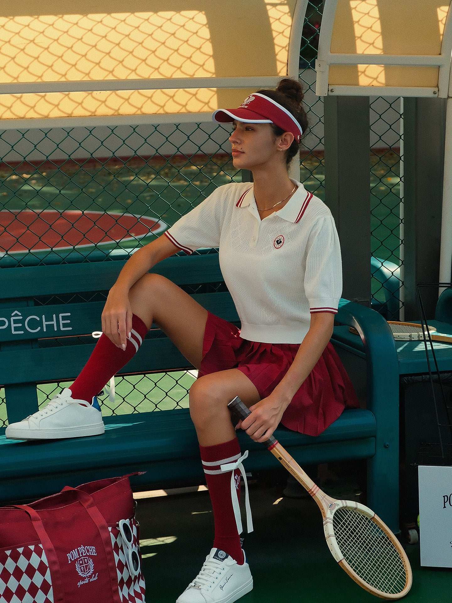 Pom Pêche wine red checkered tennis tote bag with embroidered logo.