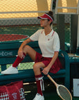 Pom Pêche wine red checkered tennis tote bag with embroidered logo.