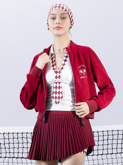 Deep red fleece zip-up jacket with a soft texture and subtle logo detail, offering a polished yet cozy look.