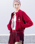 Deep red fleece zip-up jacket with a soft texture and subtle logo detail, offering a polished yet cozy look.